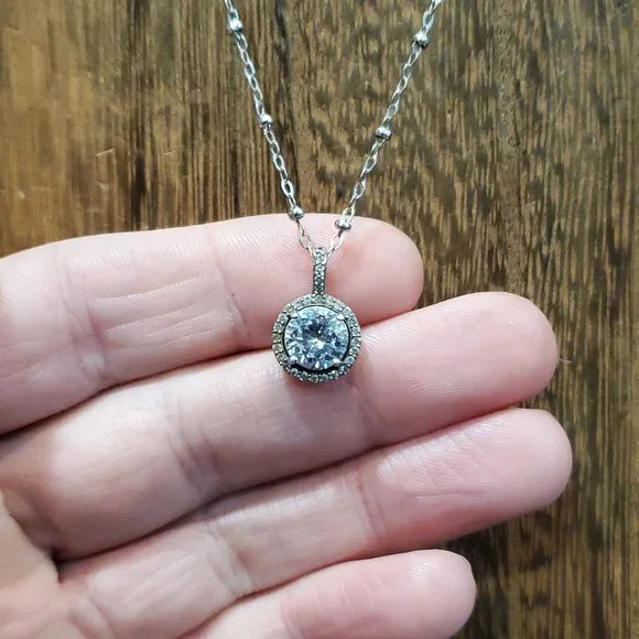 18 Inch 925 Sterling Silver Rustic Halo Gemstone CZ Pendant Necklace - Picture 1 of 8